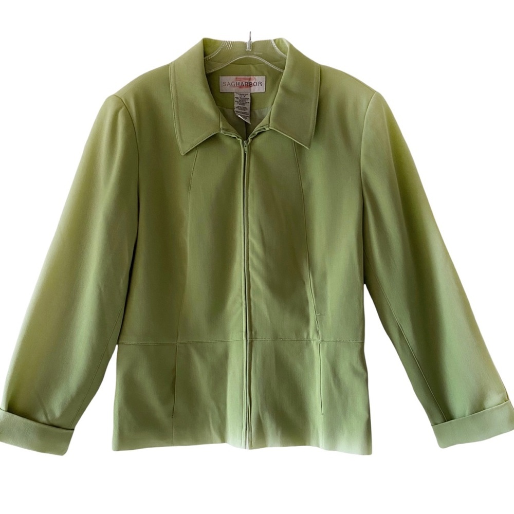 NWT Sag Harbor Womens Work Blazer Missy Green Front Zip Fully Lined Size 8